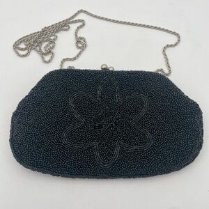 La Regale LTD Black Beaded Convertible Kiss-Lock Evening Clutch Shoulder Bag